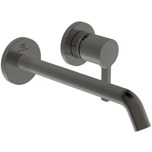 Wandarmatur in mattem Schwarz von Ideal Standard, mit runder Rosette und einem geraden Auslauf. Design für die Montage an der Wand.